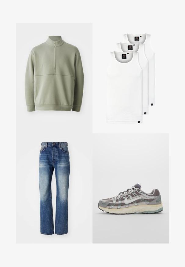 Ljusgrön, långärmad tröja med hög krage och halvmått. Mjuk textur med en horisontell sömdetalj över bröstet.; Tre vita ribbade linnen i bomull. Har rund halsringning och små svarta etiketter vid fållen. Finns i flera storlekar.; Blå denimjeans med rak bendesign, med lätt blekning och lätt slitningar framtill. Standard femficksstil.; Grå atletiska sko med en överdel av mesh och mocka, vita accenter, en vadderad sula och en unik design med reflekterande element.