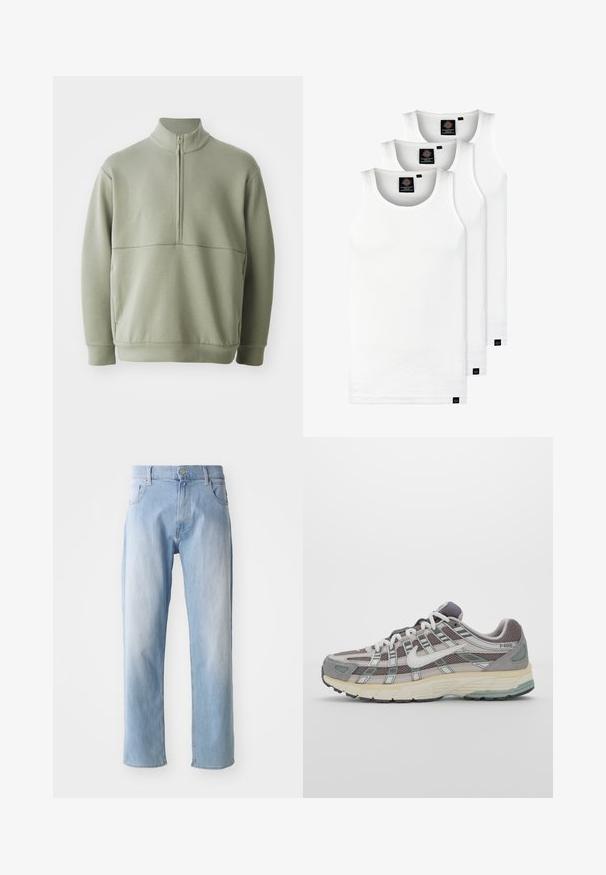 Svijetlozelena, dugosveđena majica s visokim ovratnikom i polu-zipperom. Mehak materijal s horizontalnom šavom preko prsa.; Tri bijele rebraste majice bez rukava od pamuka. Imaju okrugli izrez i male crne oznake blizu rubova. Dostupne su u više veličina.; Svijetloplave traperice s ravnim nogavicama, koje imaju pet džepova, kopčanje na dugme i suptilne efekte izbljeđivanja.; Siva sportska tenisica s gornjim dijelom od mrežaste tkanine i zamshta, bijelim detaljima, amortizirajućom potplatom i prepoznatljivim dizajnom s refleksivnim elementima.