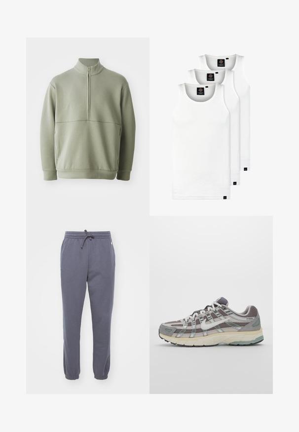 Hellgrüner Pulli mit langen Ärmeln, hohem Kragen und halbem Reißverschluss. Weiche Textur mit einer horizontalen Nahtdetails über der Brust.; Drei weiße, gerippte Tanktops aus Baumwolle. Merkmale einen Rundhalsausschnitt und kleine schwarze Etiketten am Saum. In mehreren Größen erhältlich.; Graue Fleece-Sweatpants mit elastischem Bund und Kordelzug. Bündchen an den Säumen und seitliche Taschen. Weicher Stoff, geeignet für lässige Kleidung.; Grauer Sportschuh mit einem Obermaterial aus Mesh und Wildleder, weißen Akzenten, einer gepolsterten Sohle und einem charakteristischen Design mit reflektierenden Elementen.