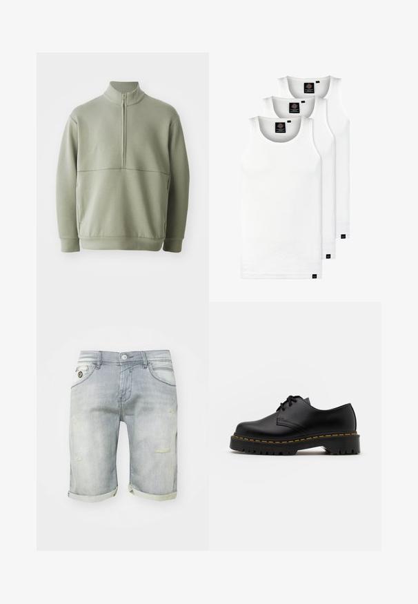 Šviesiai žalias, ilgos rankovės megztinis su aukšta apykakle ir pusiau užtrauktuku. Minkšta tekstūra su horizontalia siūle per krūtinę.; Trys balti, dryžuoti marškiniai be rankovių, pagaminti iš medvilnės. Yra apvalus kaklas ir maži juodi etiketės netoli siūlės. Siūlomi įvairių dydžių.; Šviesiai mėlynos džinsinės šortai su išblukusia skalbimo technologija, su sukurtomis apvyniotomis kelnių apačiomis, priekinėmis kišenėmis ir dėvėti suknemų detalių ant šlaunų. Užsegimas mygtuku liemenyje.; Juoda odinė lakuota avalynė su apvaliu pirštu, tekstūruota gumine padu ir geltona siūlelių apdaila aplink bazę. Lygus dizainas ir glotnus paviršius.