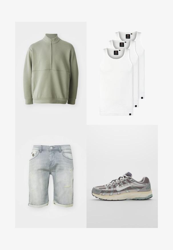 Pull vert clair à manches longues avec un col montant et une fermeture éclair mi-longue. Texture douce avec un détail de couture horizontale sur la poitrine.; Trois débardeurs blancs côtelés en coton. Présentent un col rond et de petites étiquettes noires près de l'ourlet. Disponibles en plusieurs tailles.; Shorts en denim bleu clair avec un délavage usé, des revers roulés, des poches avant et des détails déchirés sur la cuisse. Fermeture à bouton à la taille.; Chaussure de sport grise avec une tige en mesh et en daim, accents blancs, semelle rembourrée et un design distinctif avec des éléments réfléchissants.