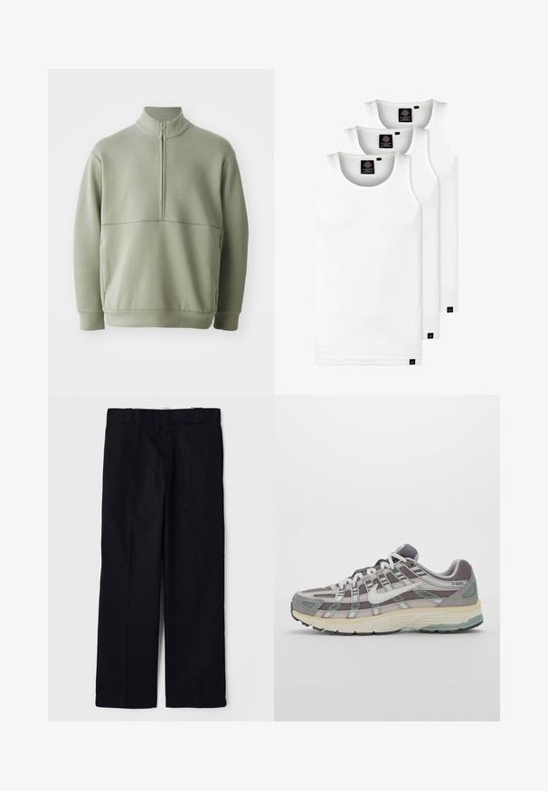 Lys grønn, langermet genser med høy krage og halv glidelås. Myk tekstur med horisontal sømdetalj over brystet.; Tre hvite ribbestrikkede tank topper laget av bomull. Har en rund hals og små svarte etiketter nær kanten. Tilgjengelig i flere størrelser.; Sorte bukser laget av et glatt materiale, med rett ben-design, sidelommer og en klassisk midje med beltehemper.; Grå treningssko med overdel i nett og semsket skinn, hvite detaljer, en polstret såle, og et særpreget design med reflekterende elementer.