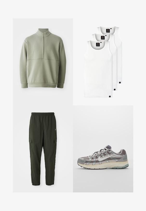 Svijetlozelena, dugosveđena majica s visokim ovratnikom i polu-zipperom. Mehak materijal s horizontalnom šavom preko prsa.; Tri bijele rebraste majice bez rukava od pamuka. Imaju okrugli izrez i male crne oznake blizu rubova. Dostupne su u više veličina.; Tamnozelene cargo hlače od lagane tkanine, sa elastičnim pojasom, suženim nogavicama i bočnim džepovima s preklopima.; Siva sportska tenisica s gornjim dijelom od mrežaste tkanine i zamshta, bijelim detaljima, amortizirajućom potplatom i prepoznatljivim dizajnom s refleksivnim elementima.