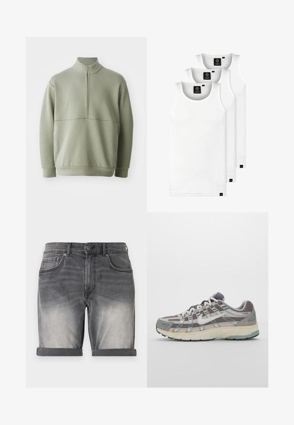 Svetlozelený, dlhý rukáv pulóver s vysokým golierom a polovičným zipsom. Mäkká textúra s horizontálnym švom cez hruď.; Tri biele rebrované tielka vyrobené z bavlny. Majú okrúhly výstrih a malé čierne štítky pri leme. Dostupné v rôznych veľkostiach.; Džínové šortky v vyblednutej čiernej farbe s rolovaným lemom, obsahujúce päť vreciek a jemné vyblednutie v prednej časti. Klasické zapínanie na gombík.; Šedá športová obuv so zvrškom z nylonu a semišu, bielymi akcentmi, polstrovanou podrážkou a jedinečným dizajnom s reflexnými prvkami.