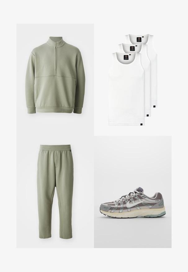 Gaiši zaļš, garām piedurknēm, džemperis ar augstu apkakli un pusi rāvējslēdzēju. Mīksta tekstūra ar horizontālu šuvju detaļu krūšu rajonā.; Trīs baltas ribotas krūšturi, kas izgatavoti no kokvilnas. Iezīmēti ar apaļu kakla izgriezumu un maziem melniem etiķetēm tuvu apakšmalai. Pieejami vairākos izmēros.; Gaiolīzēs olīvu krāsas sašaurinātas bikses, izgatavotas no mīksta auduma, ar elastīgu vidukli, priekšējo kabatu un smalkām uztveres šuvēm.; Pelēkie sporta apavi ar tīkla un zamša augšdaļu, baltiem akcentiem, mīkstinātu zoli un izcilu dizainu ar atstarotājiem.