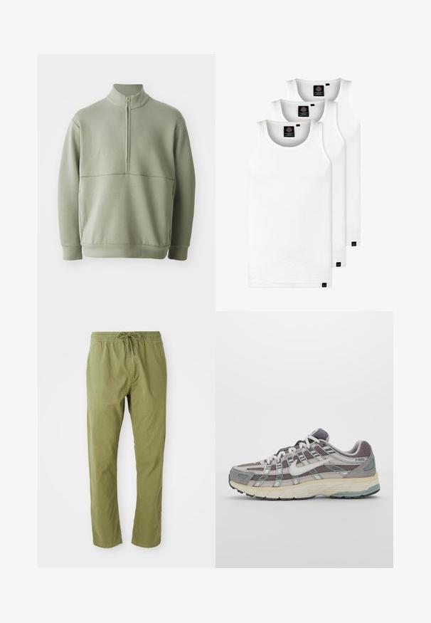 Svetlo zeleni pulover z dolgimi rokavi, visokim ovratnikom in polnim zadrgo. Mehak material z vodoravno šivano podrobnostjo čez prsi.; Tri bele rebraste majice brez rokavov iz bombaža. Imajo okroglo izreza in majhne črne etikete blizu roba. Na voljo v več velikostih.; Olive zelene hlače sproščenega kroja z elastičnim pasom in vrvico. Narejene iz mehkega blaga z gladko teksturo in ravnimi nogami.; Sive športne čevlje z zgornjim delom iz mrežastega in semiš materiala, belimi akcenti, oblazinjenim podplatom ter edinstvenim dizajnom z odsevnimi elementi.
