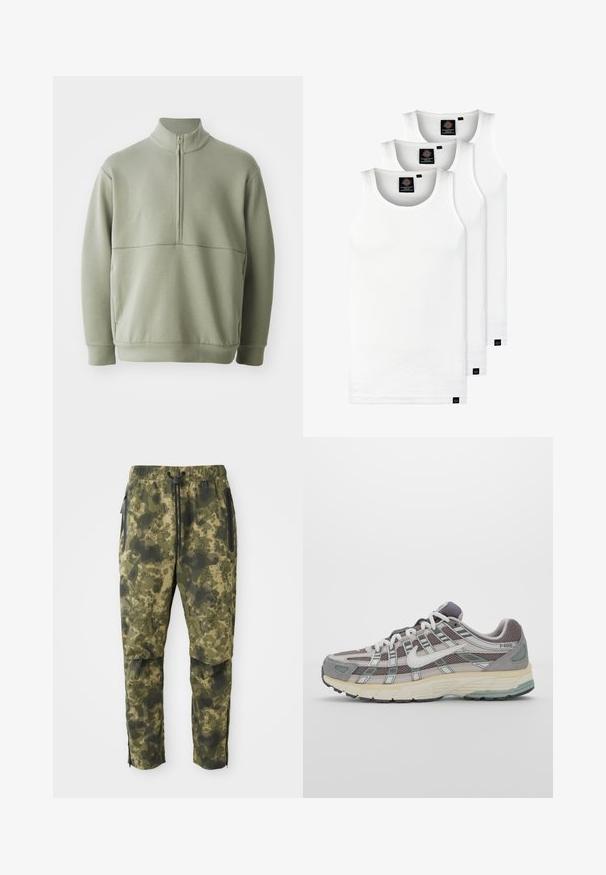 Šviesiai žalias, ilgos rankovės megztinis su aukšta apykakle ir pusiau užtrauktuku. Minkšta tekstūra su horizontalia siūle per krūtinę.; Trys balti, dryžuoti marškiniai be rankovių, pagaminti iš medvilnės. Yra apvalus kaklas ir maži juodi etiketės netoli siūlės. Siūlomi įvairių dydžių.; Kamikaze kelnės įvairių žalių atspalvių su skaitmeniniu raštu. Turi elastingą juosmenį, raištelį ir šoninius užtrauktuku užsegamus kišenes.; Pilkas sportinis batas su tinklu ir zomšos viršutine dalimi, baltomis detalėmis, paminkštintu padu ir išskirtiniu dizainu su atspindinčiais elementais.