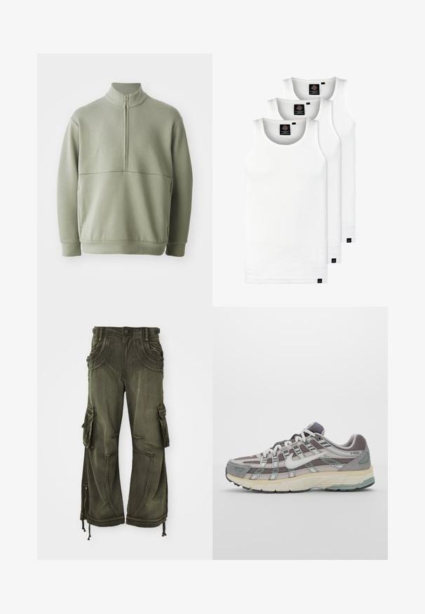 Lys grønn, langermet genser med høy krage og halv glidelås. Myk tekstur med horisontal sømdetalj over brystet.; Tre hvite ribbestrikkede tank topper laget av bomull. Har en rund hals og små svarte etiketter nær kanten. Tilgjengelig i flere størrelser.; Olivenfargede cargo-bukser laget av bomull med avslappet passform, med sidelommer, glidelåser ved anklene og snor i nederkant.; Grå treningssko med overdel i nett og semsket skinn, hvite detaljer, en polstret såle, og et særpreget design med reflekterende elementer.