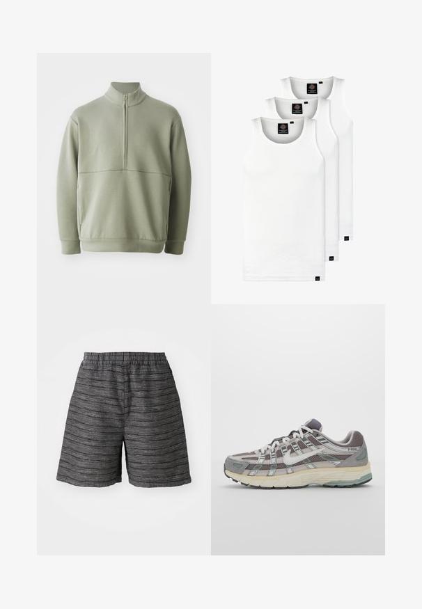 Svijetlozelena, dugosveđena majica s visokim ovratnikom i polu-zipperom. Mehak materijal s horizontalnom šavom preko prsa.; Tri bijele rebraste majice bez rukava od pamuka. Imaju okrugli izrez i male crne oznake blizu rubova. Dostupne su u više veličina.; Sivi šorcevi s elastikom u struku, izrađeni od teksturirane tkanine s horizontalnim prugama. Duljina do sredine bedara i ležeran kroj.; Siva sportska tenisica s gornjim dijelom od mrežaste tkanine i zamshta, bijelim detaljima, amortizirajućom potplatom i prepoznatljivim dizajnom s refleksivnim elementima.