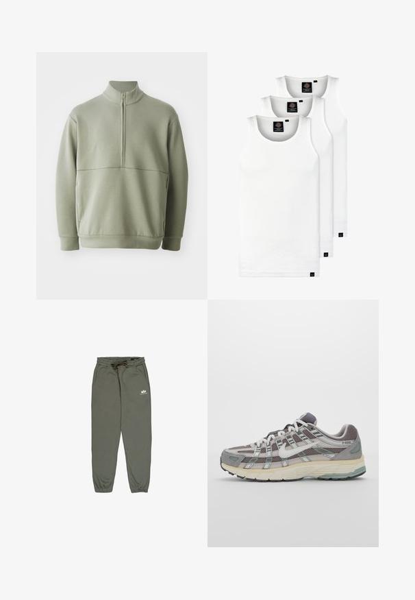 Világos zöld, hosszú ujjú pulóver magas gallérral és fél cipzárral. Puha tapintású, a mellkas fölött vízszintes varrási részlettel.; Három fehér csíkos pamut trikó. Felső része kerek nyakkivágású, és a szegély közelében kis fekete címkék találhatók. Több méretben elérhető.; Zöld jogging nadrág puha anyagból, rugalmas derékkal és húzózsinórral, oldalsó zsebekkel, valamint egy kis fehér logóval a combján.; Szürke sportcipő, hálós és velúr felsőrésszel, fehér részletekkel, párnázott talppal és jellegzetes dizájnnal, amely visszaverő elemeket tartalmaz.