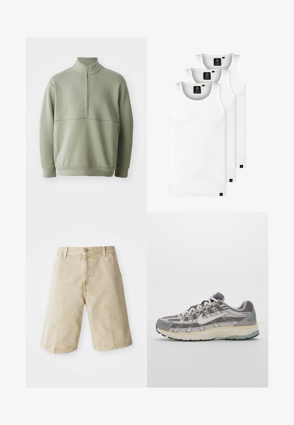 Light green, long-sleeve pullover with a high collar and half zipper. Soft texture with a horizontal seam detail across the chest.; Three white ribbed tank tops made of cotton. Features a crew neck and small black labels near the hem. Available in multiple sizes.; Beige denim shorts with a straight cut, five pockets, front button and zipper closure, and subtle fading on the fabric.; Gray athletic shoe featuring a mesh and suede upper, white accents, a cushioned sole, and a distinctive design with reflective elements.