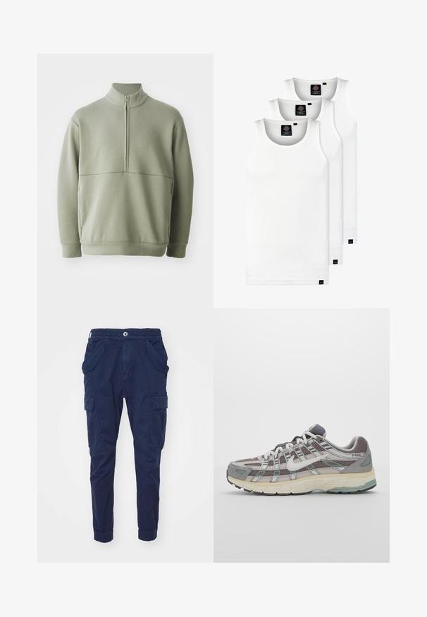 Svetlozelený, dlhý rukáv pulóver s vysokým golierom a polovičným zipsom. Mäkká textúra s horizontálnym švom cez hruď.; Tri biele rebrované tielka vyrobené z bavlny. Majú okrúhly výstrih a malé čierne štítky pri leme. Dostupné v rôznych veľkostiach.; Námořnické cargo kalhoty vyrobené z bavlny s elastickým pasem, dvěma bočními kapsami a cargo kapsami na každé noze. Zúžený střih u kotníku.; Šedá športová obuv so zvrškom z nylonu a semišu, bielymi akcentmi, polstrovanou podrážkou a jedinečným dizajnom s reflexnými prvkami.