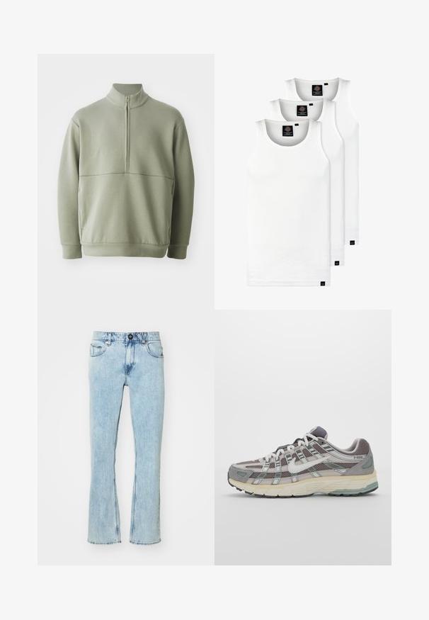 Jasnozielony, długi sweter z długim rękawem, o wysokim kołnierzu i pół-zamkiem. Miękka tekstura z poziomym szwem na wysokości klatki piersiowej.; Trzy białe prążkowane koszulki na ramiączkach wykonane z bawełny. Posiadają okrągły dekolt i małe czarne metki blisko dolnego brzegu. Dostępne w różnych rozmiarach.; Jasnoniebieskie, wysokie dżinsy wykonane z denimu, charakteryzujące się prostym krojem nogawki, pięcioma kieszeniami i zapięciem na guzik z przodu. Posiadają efekt wyblaknięcia.; Szare buty sportowe z siateczkowym i zamszowym wierzchem, białymi akcentami, amortyzowaną podeszwą oraz charakterystycznym designem z elementami odblaskowymi.