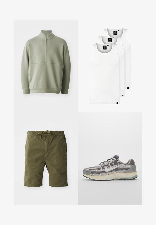Pullover verde chiaro a maniche lunghe con colletto alto e mezza cerniera. Texture morbida con un dettaglio a cucitura orizzontale sulla parte anteriore.; Tre canotte bianche a coste in cotone. Presentano un colletto rotondo e piccole etichette nere vicino all'orlo. Disponibile in diverse taglie.; Pantaloni shorts verde oliva realizzati in un tessuto morbido e testurizzato. Presentano una vita elasticizzata con coulisse e tasche laterali.; Scarpa sportiva grigia con tomaia in mesh e suede, dettagli bianchi, suola ammortizzata e un design distintivo con elementi riflettenti.