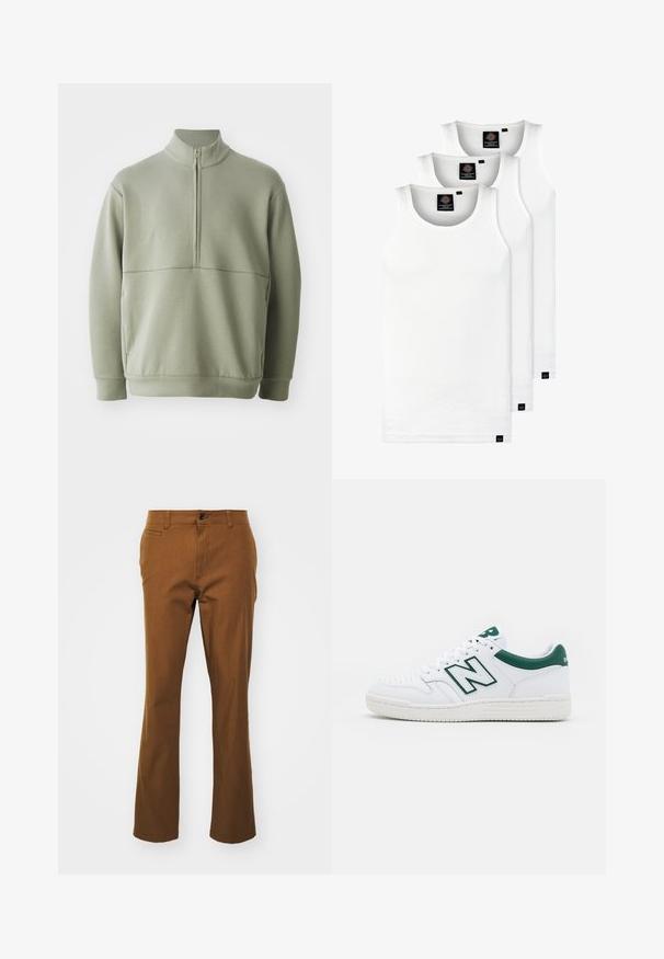 Vaaleanvihreä pitkähihainen neulepusero, jossa on korkea kaulus ja puoli vetoketju. Pehmeä pinta ja vaakasuora sauman yksityiskohta rinnassa.; Kolme valkoista ribbitekstiilistä toppia, jotka on valmistettu puuvillasta. Ominaisuuksiin kuuluu pyöreä pääntie ja pieni musta etiketti helman lähellä. Saatavilla useissa kooissa.; Ruskeat suorat housut, jotka on valmistettu puuvillasekoitteesta. Housuissa on vetoketjukiinnitys, nappisulku ja etutaskut. Sileä pinta, rento muotoilu.; Valkoiset tennarit vihreillä yksityiskohdilla, nahkainen päällinen, rei'itetty varvasosa, nauhakiinnitys ja rakenteellinen kumipohja. Varustettu näkyvällä "N"-logolla.