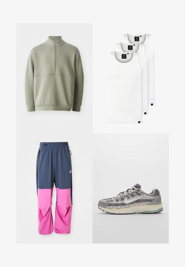 Gaiši zaļš, garām piedurknēm, džemperis ar augstu apkakli un pusi rāvējslēdzēju. Mīksta tekstūra ar horizontālu šuvju detaļu krūšu rajonā.; Trīs baltas ribotas krūšturi, kas izgatavoti no kokvilnas. Iezīmēti ar apaļu kakla izgriezumu un maziem melniem etiķetēm tuvu apakšmalai. Pieejami vairākos izmēros.; Zili un rozā Nike sporta bikses ar elastīgu jostu, ar rāvējslēdzēja sānu kabatām un baltu logo labajā augšstilbā.; Pelēkie sporta apavi ar tīkla un zamša augšdaļu, baltiem akcentiem, mīkstinātu zoli un izcilu dizainu ar atstarotājiem.