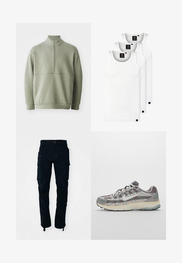 Svijetlozelena, dugosveđena majica s visokim ovratnikom i polu-zipperom. Mehak materijal s horizontalnom šavom preko prsa.; Tri bijele rebraste majice bez rukava od pamuka. Imaju okrugli izrez i male crne oznake blizu rubova. Dostupne su u više veličina.; Crne cargo hlače od pamuka, s višestrukim bočnim džepovima, jednim zatvaračem i ravnim krojem nogavica s podesivim remenjem oko članaka.; Siva sportska tenisica s gornjim dijelom od mrežaste tkanine i zamshta, bijelim detaljima, amortizirajućom potplatom i prepoznatljivim dizajnom s refleksivnim elementima.