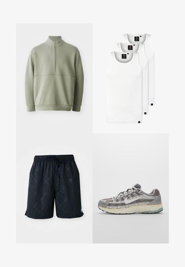 Světlá zelená mikina s dlouhým rukávem, vysokým límečkem a půlzipem. Měkká textura s horizontálním švem přes hruď.; Tři bílé žebrované tílka vyrobené z bavlny. Mají kulatý výstřih a malé černé štítky poblíž lemu. Dostupné v několika velikostech.; Černé plavky s diamantovým vzorem a logem Nike, vyrobené z lehkého materiálu. Mají elastický pas se šňůrkou na stažení.; Šedá sportovní obuv s vrchní částí z mikrovlákna a semiše, bílými akcenty, polstrovanou podrážkou a jedinečným designem s reflexními prvky.