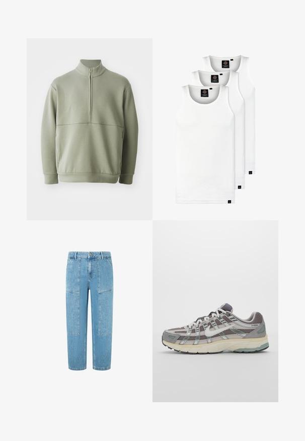 Light green, long-sleeve pullover with a high collar and half zipper. Soft texture with a horizontal seam detail across the chest.; Three white ribbed tank tops made of cotton. Features a crew neck and small black labels near the hem. Available in multiple sizes.; Denim jeans in light blue with a straight cut, featuring two large patch pockets and subtle distressed detailing on the fabric.; Gray athletic shoe featuring a mesh and suede upper, white accents, a cushioned sole, and a distinctive design with reflective elements.