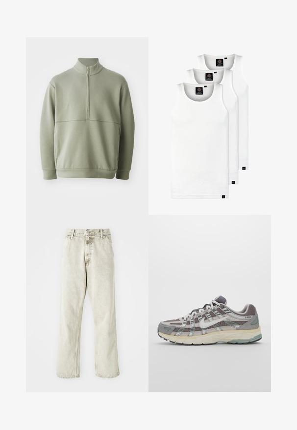 Vaaleanvihreä pitkähihainen neulepusero, jossa on korkea kaulus ja puoli vetoketju. Pehmeä pinta ja vaakasuora sauman yksityiskohta rinnassa.; Kolme valkoista ribbitekstiilistä toppia, jotka on valmistettu puuvillasta. Ominaisuuksiin kuuluu pyöreä pääntie ja pieni musta etiketti helman lähellä. Saatavilla useissa kooissa.; Vaaleanharmaat farkut, joissa on suora lahje, napitus ja vyölenkit. Sisältää hienovaraisia rakenteita ja minimalistisia ompeluyksityiskohtia.; Harmaa urheilukenkä, jossa on verkko- ja mokkanahkainen yläosa, valkoiset yksityiskohdat, pehmustettu pohja ja erottuva muotoilu heijastavilla elementeillä.