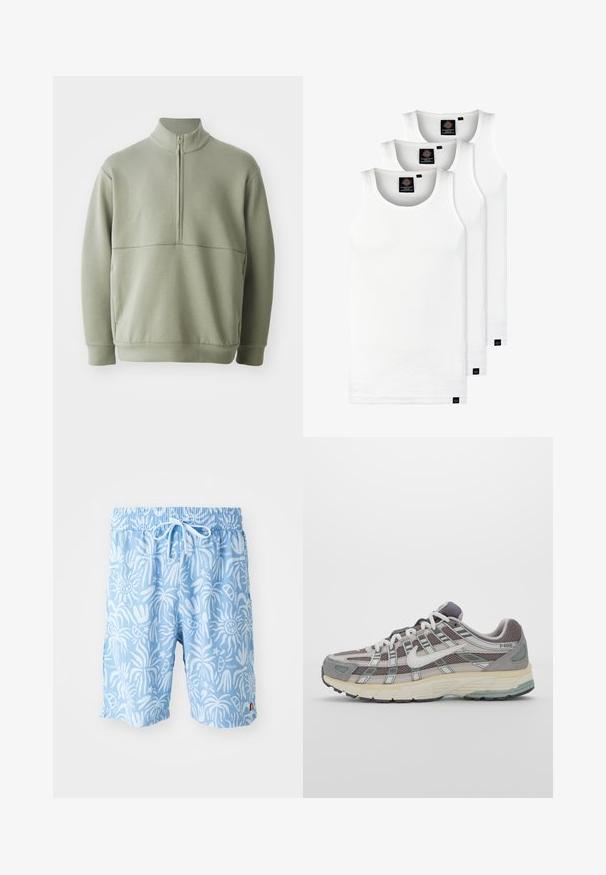 Világos zöld, hosszú ujjú pulóver magas gallérral és fél cipzárral. Puha tapintású, a mellkas fölött vízszintes varrási részlettel.; Három fehér csíkos pamut trikó. Felső része kerek nyakkivágású, és a szegély közelében kis fekete címkék találhatók. Több méretben elérhető.; Világoskék fürdőnadrág fehér absztrakt mintával, rugalmas derékpánttal és zsinórral. Logó az elülső bal oldalon és oldalsó hasítékok a szegélyen.; Szürke sportcipő, hálós és velúr felsőrésszel, fehér részletekkel, párnázott talppal és jellegzetes dizájnnal, amely visszaverő elemeket tartalmaz.