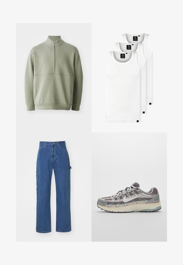 Jasnozielony, długi sweter z długim rękawem, o wysokim kołnierzu i pół-zamkiem. Miękka tekstura z poziomym szwem na wysokości klatki piersiowej.; Trzy białe prążkowane koszulki na ramiączkach wykonane z bawełny. Posiadają okrągły dekolt i małe czarne metki blisko dolnego brzegu. Dostępne w różnych rozmiarach.; Niebieskie dżinsy w luźnym kroju ze prostą nogawką, z przednimi i tylnymi kieszeniami oraz zapięciem na guzik w pasie.; Szare buty sportowe z siateczkowym i zamszowym wierzchem, białymi akcentami, amortyzowaną podeszwą oraz charakterystycznym designem z elementami odblaskowymi.