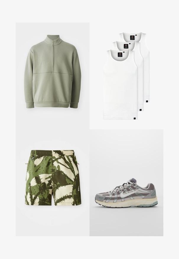 Světlá zelená mikina s dlouhým rukávem, vysokým límečkem a půlzipem. Měkká textura s horizontálním švem přes hruď.; Tři bílé žebrované tílka vyrobené z bavlny. Mají kulatý výstřih a malé černé štítky poblíž lemu. Dostupné v několika velikostech.; Zelené a béžové plavky s vzorem kaktusů, elastický pas, šňůrka na stažení a boční kapsy. Odolná látka s texturovaným povrchem.; Šedá sportovní obuv s vrchní částí z mikrovlákna a semiše, bílými akcenty, polstrovanou podrážkou a jedinečným designem s reflexními prvky.