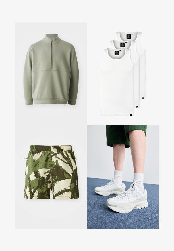 Pullover verde claro de mangas longas com colarinho alto e fecho de correr de meio comprimento. Textura suave com um detalhe de costura horizontal na zona do peito.; Três tops em algodão de alças brancas com nervuras. Apresentam um decote redondo e pequenas etiquetas pretas perto da bainha. Disponíveis em vários tamanhos.; Calções de banho verdes e bege com padrão de cactos, cintura elástica, cordão de ajuste e bolsos laterais. Tecido durável com acabamento texturizado.; Sapatos atléticos brancos com sobreposições texturizadas, sola espessa e detalhes em cinza. Usados com meias brancas até ao tornozelo e calções verdes sobre uma superfície azul.