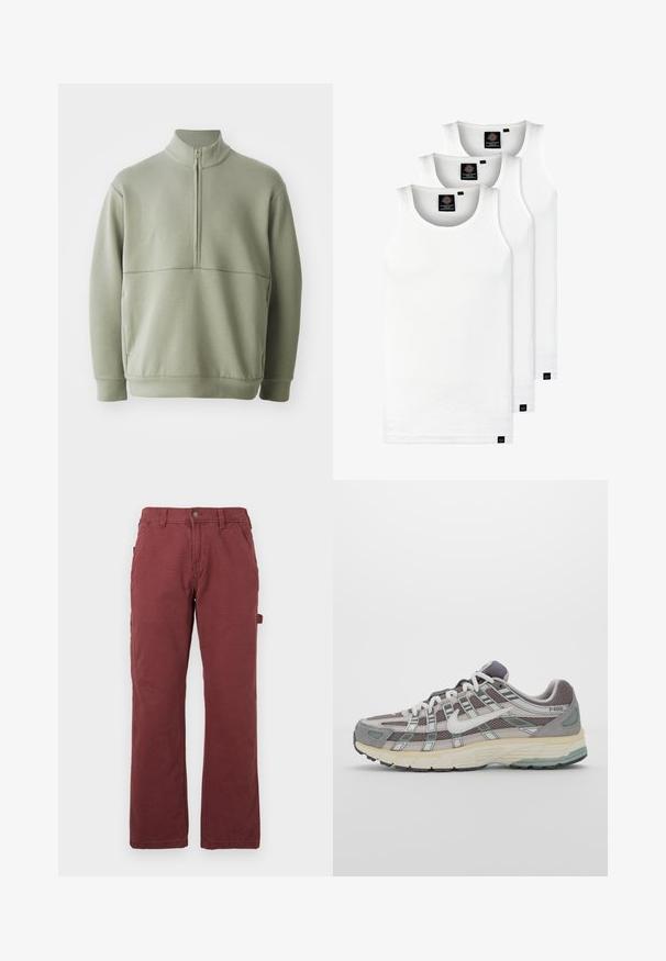 Heledad rohelise, pika varrukaga kootud särk kõrge kraega ja pooltaskuga. Pehme tekstuur, millel on horisontaalne õmbluse detail rinnaosas.; Kolm valget ribaga t-särki, mis on valmistatud puuvillast. Omavad ümmargust kaelanõhku ja väikseid musti silte hemme lähedal. Saadaval erinevates suurustes.; Meeste sirged töökad tumepunased, ees taskud, vööde augud, nööp ja lukuga sulgemine ning külgmine tööriistade silmus.; Hallus hallitus jalanõud, millel on võrgust ja sametist ülemine osa, valged rõhutused, pehme tald ning eristuv disain peegelduvate elementidega.