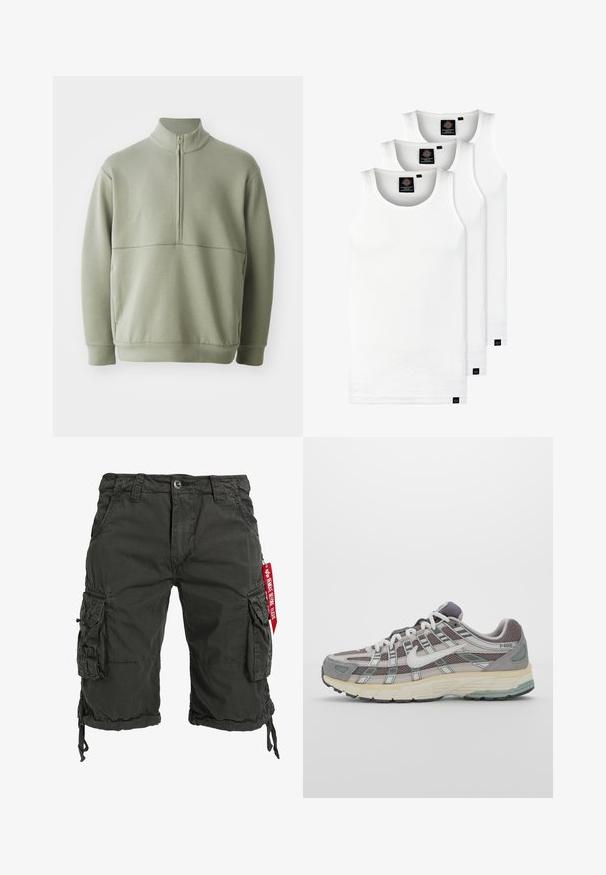 Šviesiai žalias, ilgos rankovės megztinis su aukšta apykakle ir pusiau užtrauktuku. Minkšta tekstūra su horizontalia siūle per krūtinę.; Trys balti, dryžuoti marškiniai be rankovių, pagaminti iš medvilnės. Yra apvalus kaklas ir maži juodi etiketės netoli siūlės. Siūlomi įvairių dydžių.; Tamsiai žali darbo šortai, pagaminti iš patvarios medžiagos, su keliais šoninėmis kišenėmis, virvutės juosmeniu ir raudonu etiketės akcentu.; Pilkas sportinis batas su tinklu ir zomšos viršutine dalimi, baltomis detalėmis, paminkštintu padu ir išskirtiniu dizainu su atspindinčiais elementais.
