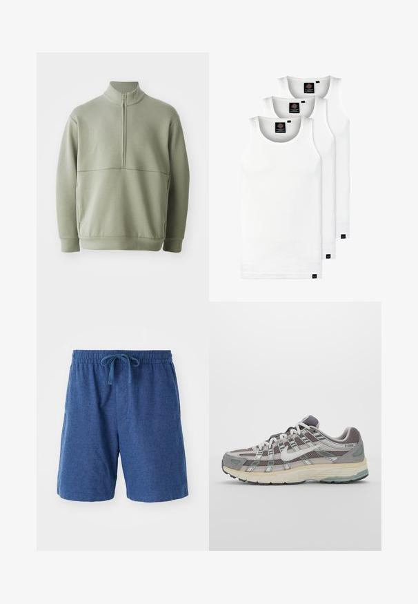 Pull vert clair à manches longues avec un col montant et une fermeture éclair mi-longue. Texture douce avec un détail de couture horizontale sur la poitrine.; Trois débardeurs blancs côtelés en coton. Présentent un col rond et de petites étiquettes noires près de l'ourlet. Disponibles en plusieurs tailles.; Shorts tissés bleus avec une taille élastique, fermeture à cordon et poches latérales. Longueur courte avec une surface lisse et texturée.; Chaussure de sport grise avec une tige en mesh et en daim, accents blancs, semelle rembourrée et un design distinctif avec des éléments réfléchissants.