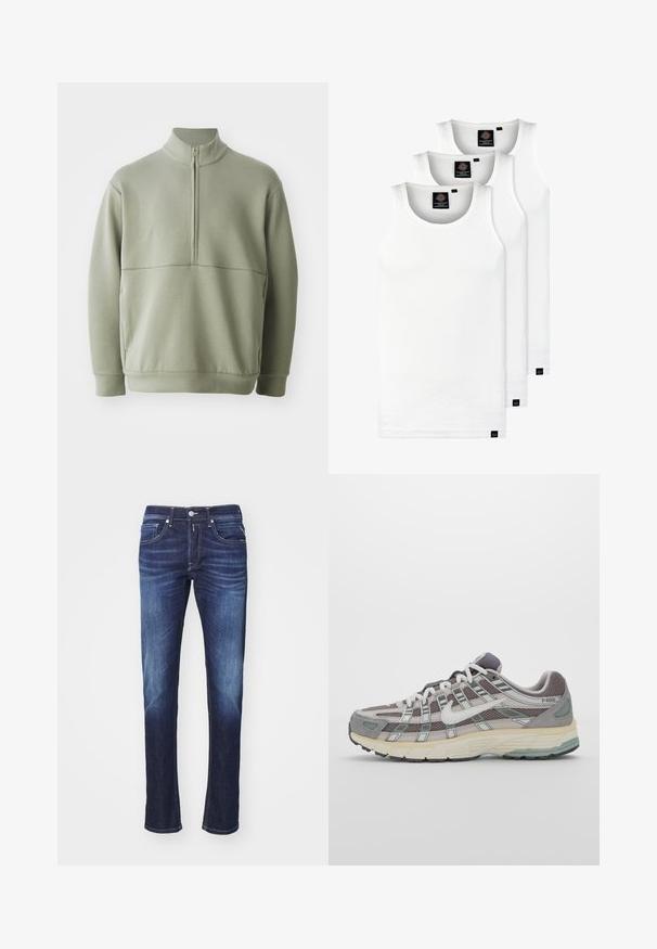 Suéter de manga larga verde claro con un cuello alto y media cremallera. Textura suave con un detalle de costura horizontal en el pecho.; Tres camisetas sin mangas de algodón de color blanco con canalé. Cuentan con cuello redondo y pequeñas etiquetas negras cerca del dobladillo. Disponibles en múltiples tamaños.; Jeans de mezclilla azul oscuro con corte recto, que presentan cinco bolsillos, un cierre de botón y un ligero desgaste a lo largo de los muslos.; Zapatilla deportiva gris con parte superior de malla y ante, acentos blancos, suela acolchada y un diseño distintivo con elementos reflectantes.