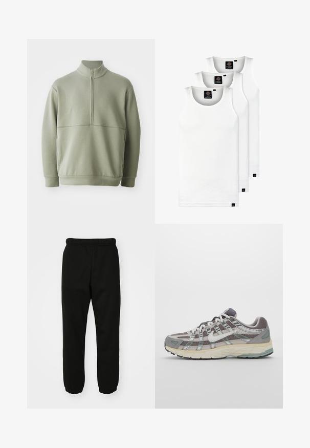 Light green, long-sleeve pullover with a high collar and half zipper. Soft texture with a horizontal seam detail across the chest.; Three white ribbed tank tops made of cotton. Features a crew neck and small black labels near the hem. Available in multiple sizes.; Black sweatpants made of soft fabric with an elastic waistband, cuffed ankles, and a small logo accent on the side.; Gray athletic shoe featuring a mesh and suede upper, white accents, a cushioned sole, and a distinctive design with reflective elements.