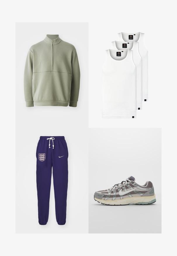 Pulover lung cu mânecă lungă, de culoare verde deschis, cu guler înalt și fermoar pe jumătate. Textură moale cu un detaliu de cusătură orizontală pe piept.; Trei maieuri albe ribbate din bumbac. Au un guler rotund și etichete negre mici lângă tiv. Disponibile în mai multe mărimi.; Nike Performance ENGLAND ENT ISSUE PANT - Pantaloni de trening - purple ink/pale ivory/sesame; Pantofii sport gri sunt realizați dintr-un amestec de plasă și piele întoarsă, cu accente albe, o talpă bine îmbrăcată și un design distinctiv cu elemente reflectorizante.