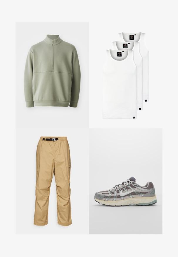 Világos zöld, hosszú ujjú pulóver magas gallérral és fél cipzárral. Puha tapintású, a mellkas fölött vízszintes varrási részlettel.; Három fehér csíkos pamut trikó. Felső része kerek nyakkivágású, és a szegély közelében kis fekete címkék találhatók. Több méretben elérhető.; Khaki színű cargo nadrág, könnyű anyagból készült, lazán illeszkedő fazonnal, állítható fekete övvel és oldalsó zsebekkel a praktikus tárolás érdekében.; Szürke sportcipő, hálós és velúr felsőrésszel, fehér részletekkel, párnázott talppal és jellegzetes dizájnnal, amely visszaverő elemeket tartalmaz.
