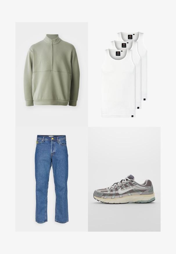 Gaiši zaļš, garām piedurknēm, džemperis ar augstu apkakli un pusi rāvējslēdzēju. Mīksta tekstūra ar horizontālu šuvju detaļu krūšu rajonā.; Trīs baltas ribotas krūšturi, kas izgatavoti no kokvilnas. Iezīmēti ar apaļu kakla izgriezumu un maziem melniem etiķetēm tuvu apakšmalai. Pieejami vairākos izmēros.; Zilā džinsa bikses ar taisnu kāju dizainu, kas aprīkotas ar dzeltenu metālu, piecām kabatām un smalkām izšūšanas detaļām visā virsmā.; Pelēkie sporta apavi ar tīkla un zamša augšdaļu, baltiem akcentiem, mīkstinātu zoli un izcilu dizainu ar atstarotājiem.