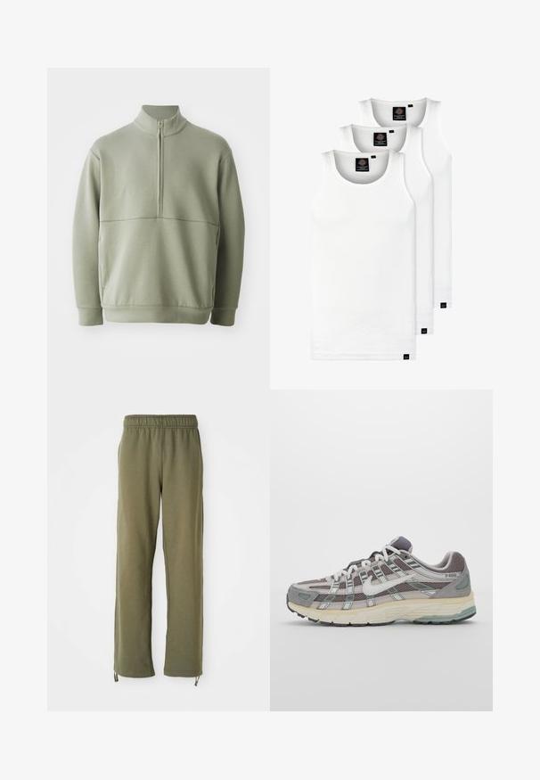 Gaiši zaļš, garām piedurknēm, džemperis ar augstu apkakli un pusi rāvējslēdzēju. Mīksta tekstūra ar horizontālu šuvju detaļu krūšu rajonā.; Trīs baltas ribotas krūšturi, kas izgatavoti no kokvilnas. Iezīmēti ar apaļu kakla izgriezumu un maziem melniem etiķetēm tuvu apakšmalai. Pieejami vairākos izmēros.; Olive zaļas kokvilnas sporta bikses ar elastīgu jostu, taisnām kājām un regulējamiem aukliņām potītēs. Mīksta tekstūra, ikdienišķs dizains.; Pelēkie sporta apavi ar tīkla un zamša augšdaļu, baltiem akcentiem, mīkstinātu zoli un izcilu dizainu ar atstarotājiem.
