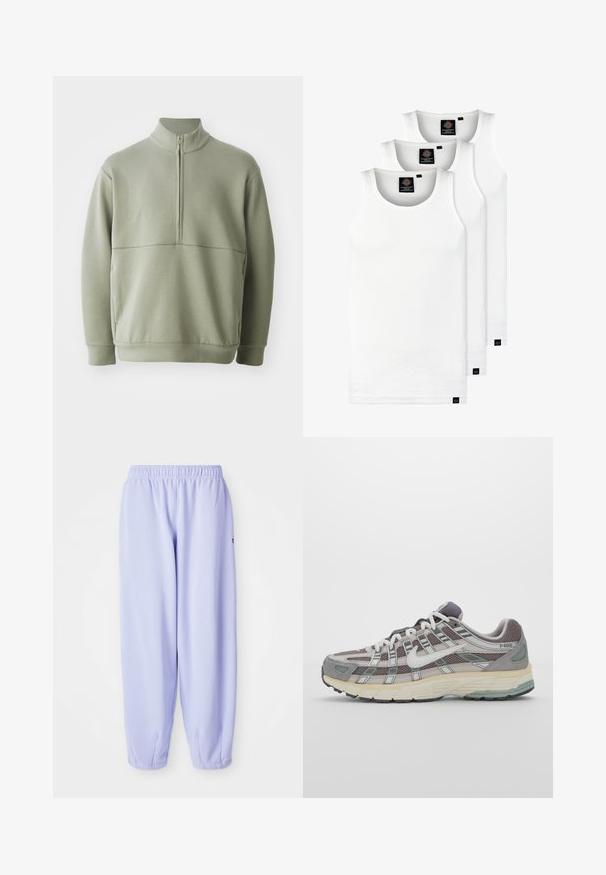 Svetlo zeleni pulover z dolgimi rokavi, visokim ovratnikom in polnim zadrgo. Mehak material z vodoravno šivano podrobnostjo čez prsi.; Tri bele rebraste majice brez rokavov iz bombaža. Imajo okroglo izreza in majhne črne etikete blizu roba. Na voljo v več velikostih.; Svetlo vijolične trenirke z elastičnim pasom, zoženimi hlačnicami in rebrastimi manšetami. Narejene iz mehkega, zračnega materiala.; Sive športne čevlje z zgornjim delom iz mrežastega in semiš materiala, belimi akcenti, oblazinjenim podplatom ter edinstvenim dizajnom z odsevnimi elementi.
