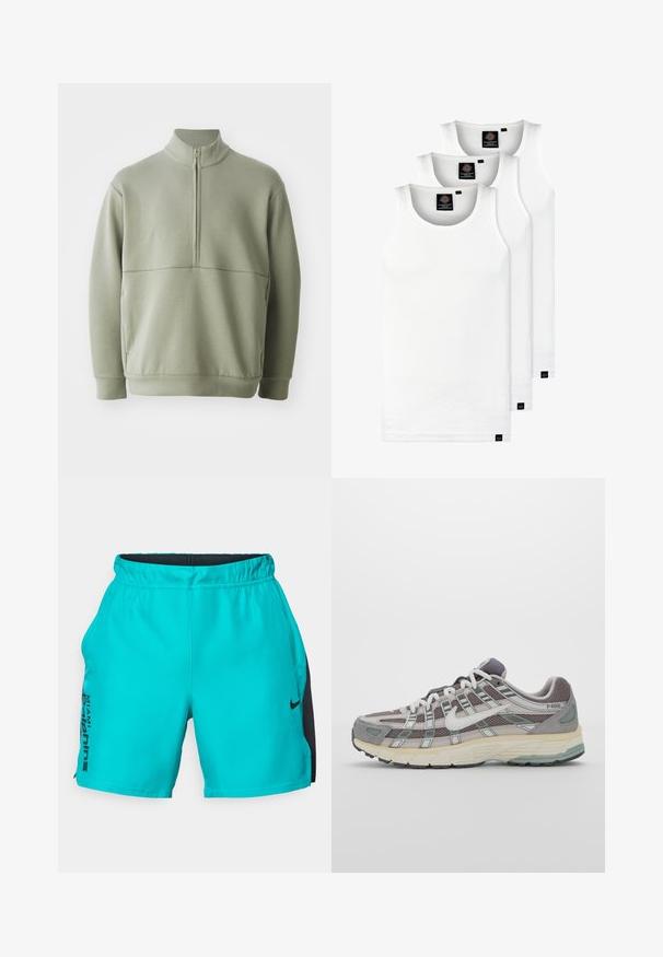 Svetlo zeleni pulover z dolgimi rokavi, visokim ovratnikom in polnim zadrgo. Mehak material z vodoravno šivano podrobnostjo čez prsi.; Tri bele rebraste majice brez rokavov iz bombaža. Imajo okroglo izreza in majhne črne etikete blizu roba. Na voljo v več velikostih.; Turkizne športne kratke hlače iz gladkega materiala z črnim stranskim panelom, na levi nogi pa so logotip in besedilo. Elastičen pas za udobje.; Sive športne čevlje z zgornjim delom iz mrežastega in semiš materiala, belimi akcenti, oblazinjenim podplatom ter edinstvenim dizajnom z odsevnimi elementi.