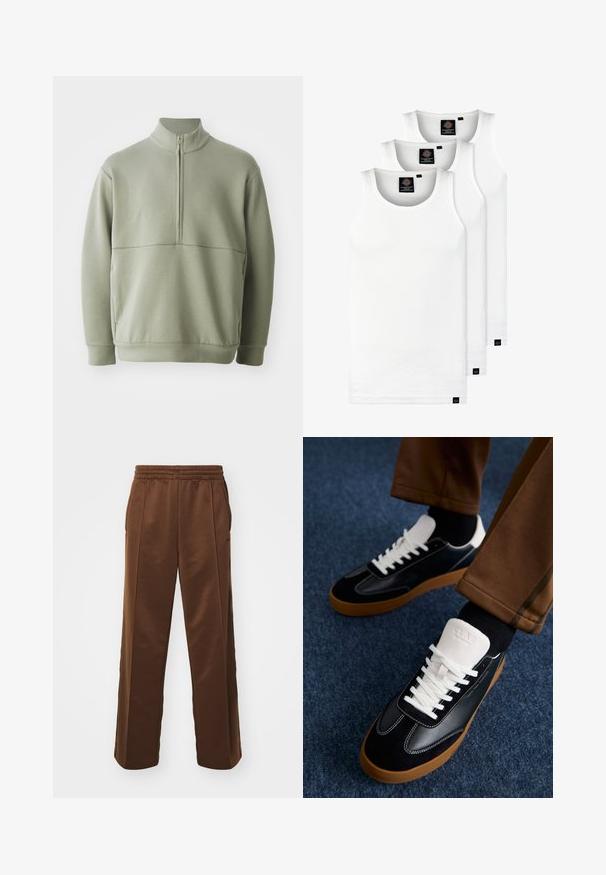 Light green, long-sleeve pullover with a high collar and half zipper. Soft texture with a horizontal seam detail across the chest.; Three white ribbed tank tops made of cotton. Features a crew neck and small black labels near the hem. Available in multiple sizes.; Carhartt WIP BOLAN PANT - Tracksuit bottoms - chocolate/tobacco; Black and white low-top sneakers made of leather and suede, featuring white laces, a rubber gum sole, and a logo on the tongue.