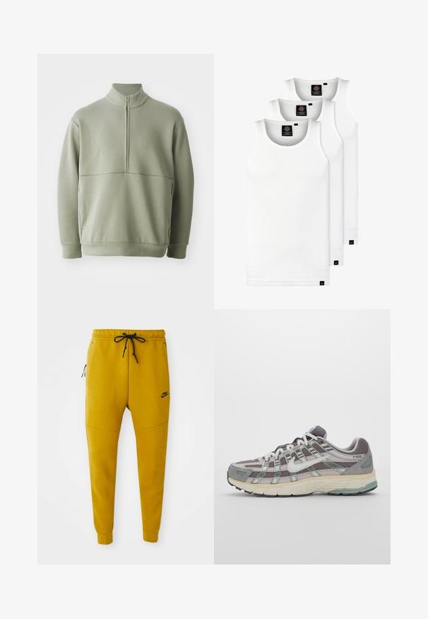 Világos zöld, hosszú ujjú pulóver magas gallérral és fél cipzárral. Puha tapintású, a mellkas fölött vízszintes varrási részlettel.; Három fehér csíkos pamut trikó. Felső része kerek nyakkivágású, és a szegély közelében kis fekete címkék találhatók. Több méretben elérhető.; Élénk mustársárga Nike joggerek, puha anyagból készült. Jellemzője az elasztikus derékpánt húzózsinórral, oldalsó cipzáras zsebek és tapered lábak.; Szürke sportcipő, hálós és velúr felsőrésszel, fehér részletekkel, párnázott talppal és jellegzetes dizájnnal, amely visszaverő elemeket tartalmaz.