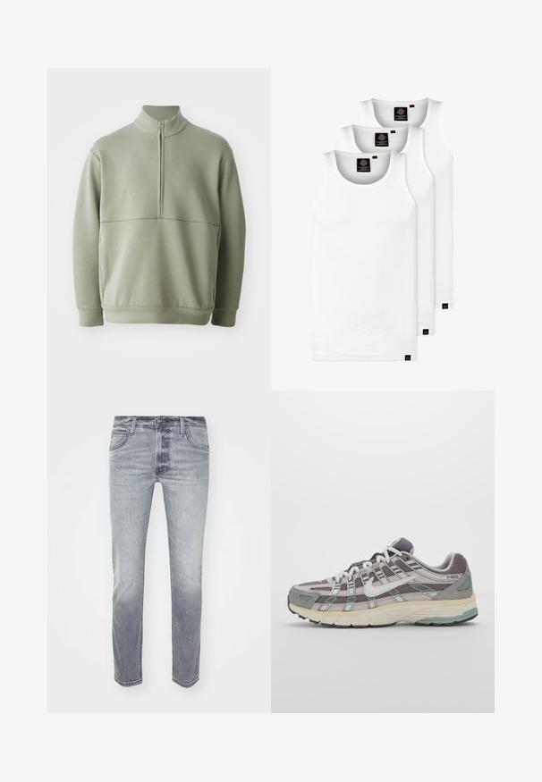 Světlá zelená mikina s dlouhým rukávem, vysokým límečkem a půlzipem. Měkká textura s horizontálním švem přes hruď.; Tři bílé žebrované tílka vyrobené z bavlny. Mají kulatý výstřih a malé černé štítky poblíž lemu. Dostupné v několika velikostech.; Šedé džíny z denimu s mírným vyblednutím, vybavené pěti kapsami, zipem a rovnými nohavicemi. Hladká textura a minimální šití.; Šedá sportovní obuv s vrchní částí z mikrovlákna a semiše, bílými akcenty, polstrovanou podrážkou a jedinečným designem s reflexními prvky.