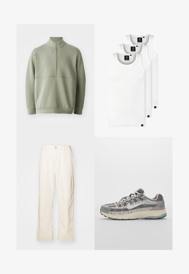 Lys grøn, langærmet pullover med høj krave og halv lynlås. Blød tekstur med en horisontal sømdetalje på brystet.; Tre hvide ribbede tanktops lavet af bomuld. Har en rund hals og små sorte mærker nær sømmen. Fås i flere størrelser.; Cremefarvede wide-leg bukser lavet af bomuld, med sidelommer, knaplukning og diskrete syninger.; Grå sportssko med overdel i mesh og ruskind, hvide accenter, en polstret sål og et særpræget design med reflekterende elementer.
