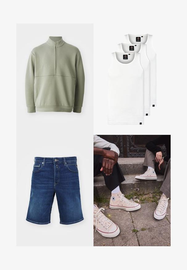 Světlá zelená mikina s dlouhým rukávem, vysokým límečkem a půlzipem. Měkká textura s horizontálním švem přes hruď.; Tři bílé žebrované tílka vyrobené z bavlny. Mají kulatý výstřih a malé černé štítky poblíž lemu. Dostupné v několika velikostech.; Džínové kraťasy tmavě modré barvy, s knoflíkovým zapínáním, pěti kapsami a rovnými nohavicemi. Středně těžká látka s mírným vyblednutím.; Beige plátěné sneakersy vysokého střihu s červeným proužkem, bílou gumovou podrážkou a kovovými očky, s ikonickým hvězdným logem na boku.