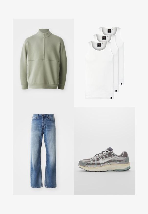Pullover verde chiaro a maniche lunghe con colletto alto e mezza cerniera. Texture morbida con un dettaglio a cucitura orizzontale sulla parte anteriore.; Tre canotte bianche a coste in cotone. Presentano un colletto rotondo e piccole etichette nere vicino all'orlo. Disponibile in diverse taglie.; Jeans in denim blu a gamba dritta con leggera scoloritura su cosce e ginocchia, dotati di cinque tasche e chiusura a bottone.; Scarpa sportiva grigia con tomaia in mesh e suede, dettagli bianchi, suola ammortizzata e un design distintivo con elementi riflettenti.