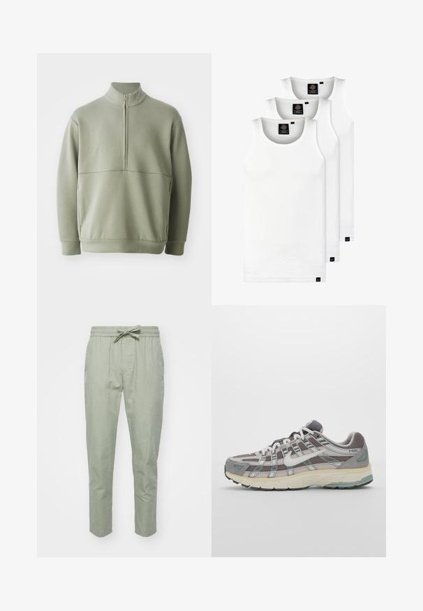 Svijetlozelena, dugosveđena majica s visokim ovratnikom i polu-zipperom. Mehak materijal s horizontalnom šavom preko prsa.; Tri bijele rebraste majice bez rukava od pamuka. Imaju okrugli izrez i male crne oznake blizu rubova. Dostupne su u više veličina.; Svijetlozelene, sužene hlače s elastičnim pojasom i podesivom vezicom; izrađene od mekanog, teksturiranog materijala za udobnost.; Siva sportska tenisica s gornjim dijelom od mrežaste tkanine i zamshta, bijelim detaljima, amortizirajućom potplatom i prepoznatljivim dizajnom s refleksivnim elementima.