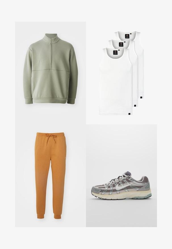 Jasnozielony, długi sweter z długim rękawem, o wysokim kołnierzu i pół-zamkiem. Miękka tekstura z poziomym szwem na wysokości klatki piersiowej.; Trzy białe prążkowane koszulki na ramiączkach wykonane z bawełny. Posiadają okrągły dekolt i małe czarne metki blisko dolnego brzegu. Dostępne w różnych rozmiarach.; Pomarańczowe dresy wykonane z miękkiego materiału, z elastycznym paskiem w talii i sznurkiem, oraz ściągaczami na nogawkach. Zawierają mały detal z logo.; Szare buty sportowe z siateczkowym i zamszowym wierzchem, białymi akcentami, amortyzowaną podeszwą oraz charakterystycznym designem z elementami odblaskowymi.