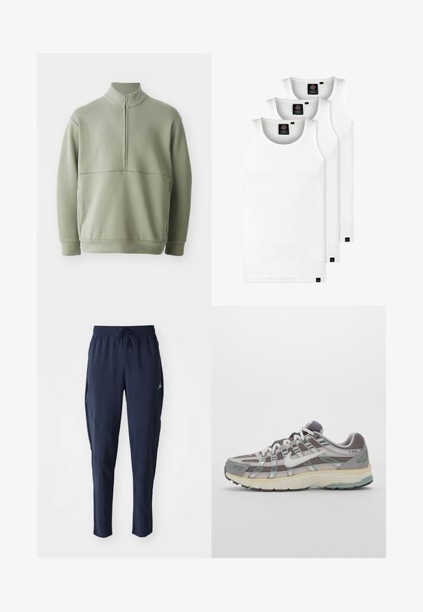 Lys grønn, langermet genser med høy krage og halv glidelås. Myk tekstur med horisontal sømdetalj over brystet.; Tre hvite ribbestrikkede tank topper laget av bomull. Har en rund hals og små svarte etiketter nær kanten. Tilgjengelig i flere størrelser.; Marine treningsbukser laget av lett stoff. Har elastisk liv med snor, sidelommer og avsmalnende ben.; Grå treningssko med overdel i nett og semsket skinn, hvite detaljer, en polstret såle, og et særpreget design med reflekterende elementer.