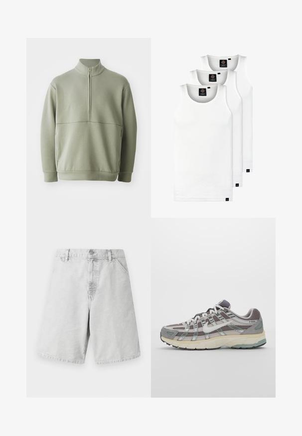 Svetlozelený, dlhý rukáv pulóver s vysokým golierom a polovičným zipsom. Mäkká textúra s horizontálnym švom cez hruď.; Tri biele rebrované tielka vyrobené z bavlny. Majú okrúhly výstrih a malé čierne štítky pri leme. Dostupné v rôznych veľkostiach.; Svetlošedé bavlnené kraťasy klasického strihu, s krytým zipsom, pútkami na opasok a bočnými vreckami. Hladká textura s jednoduchým dizajnom.; Šedá športová obuv so zvrškom z nylonu a semišu, bielymi akcentmi, polstrovanou podrážkou a jedinečným dizajnom s reflexnými prvkami.