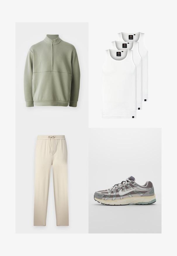 Pull vert clair à manches longues avec un col montant et une fermeture éclair mi-longue. Texture douce avec un détail de couture horizontale sur la poitrine.; Trois débardeurs blancs côtelés en coton. Présentent un col rond et de petites étiquettes noires près de l'ourlet. Disponibles en plusieurs tailles.; Un pantalon de jogging beige avec une taille élastique à cordon de serrage, présentant un tissu texturé et deux poches latérales, se rétrécissant doucement vers la cheville.; Chaussure de sport grise avec une tige en mesh et en daim, accents blancs, semelle rembourrée et un design distinctif avec des éléments réfléchissants.